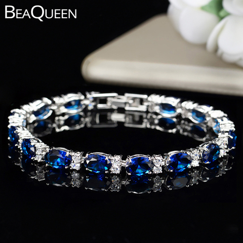 BeaQueen encantador blanco pulsera de Color oro joyería de realeza azul oscuro Oval Cubic Zirconia pulseras de cristal para las mujeres B063 ► Foto 1/1