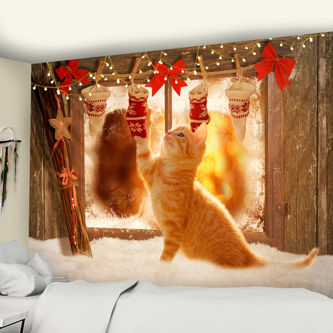 Arte de Navidad tapiz colgante de pared árbol de Navidad y gato animales de Navidad Fiesta de Año Nuevo decoración de alces manta de Yoga ► Foto 1/6