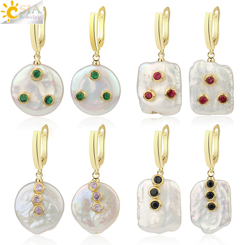 CSJA-pendientes colgantes de perlas de agua dulce barroca para mujer, Cuentas planas de diamantes de imitación, color dorado, Pendientes colgantes simples de moda para fiesta femenina G272 ► Foto 1/6