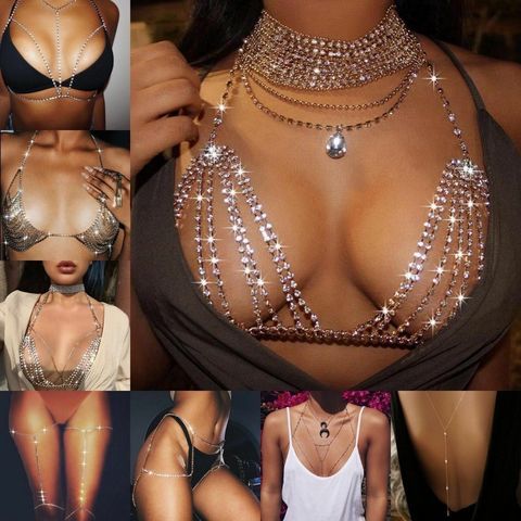 Verano mujer Sexy brillante de diamantes de imitación de cristal Bra pecho Bikini cadena cuerpo joyería pierna cadenas para mujeres Sexy verano en la playa vestido ► Foto 1/6