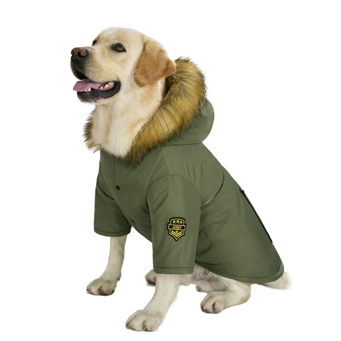 Chaqueta cálida con capucha para perro, Collar de piel impermeable, ropa navideña para perro con insignia, accesorios más gruesos para perros grandes ► Foto 1/6