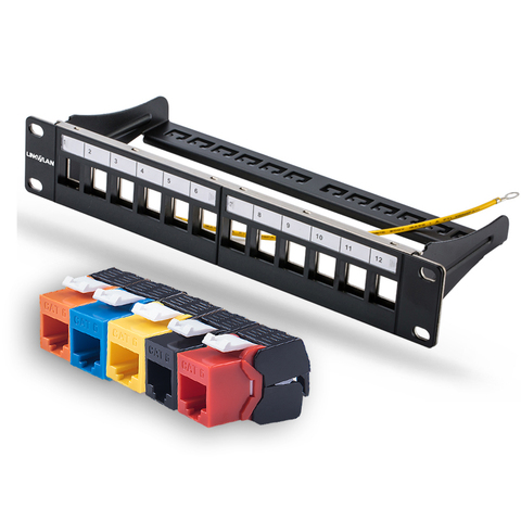 Panel de parche Modular CAT6 Gigabit, 10 pulgadas, 12 puertos, Incl. Gatos Keystone sin herramientas RJ45, 12 Uds. (conectores de colores mezclados: rojo + naranja + blanco) ► Foto 1/6