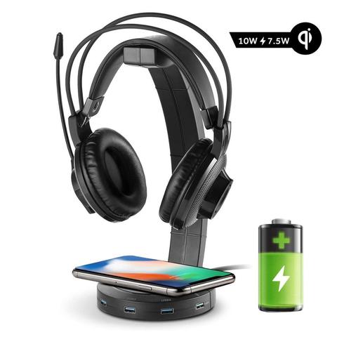 Befon soporte para auriculares RGB con 4 puertos USB, soporte de carga inalámbrica, soporte para auriculares para jugadores Gaming PC accesorios Escritorio ► Foto 1/6