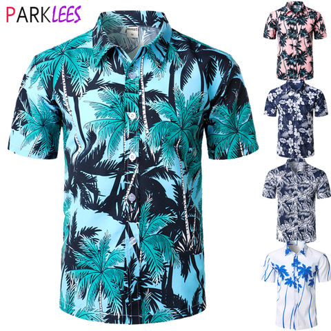 Aloha informal-Pantalón corto de manga corta para hombre, Camisa Hawaiana de manga corta con estampado de palmera, Tropical, azul ► Foto 1/6