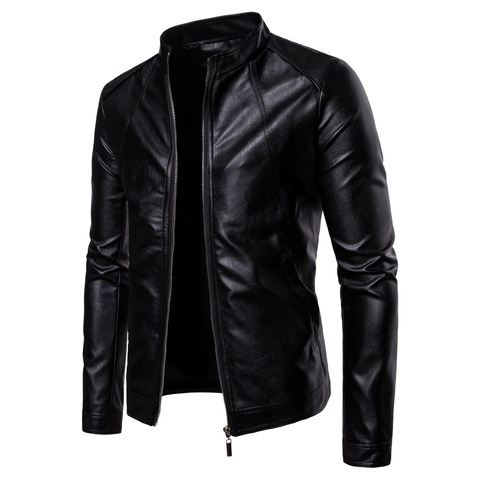 Chaqueta de motociclista para hombre con cuello alto de motocicleta de cuero de imitación chaquetas casuales moda masculina negro PU abrigo manga larga talla grande 5xl ► Foto 1/5