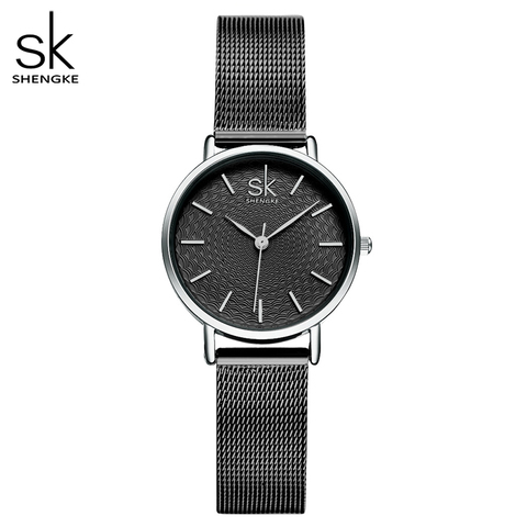 Shengke-Reloj de pulsera de malla para mujer, accesorio de moda, sencillo, negro, analógico ► Foto 1/6