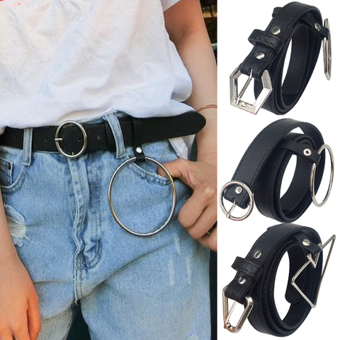 Cinturón de piel sintética decorado con anillo grande para mujer, nuevo diseño, cinturones de Hebilla de Metal plateados, para Vaqueros ► Foto 1/6