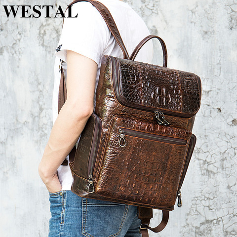 WESTAL-mochila de piel auténtica para hombre, bolso para ordenador portátil de 14 pulgadas, escolar para estudiantes, para libros, con patrón de cocodrilo ► Foto 1/6