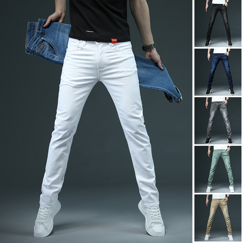 Pantalones vaqueros ajustados de algodón para hombre, Jeans blancos ajustados a la moda, informales, elásticos, ropa de marca, negro, gris, caqui, novedad de 2022 ► Foto 1/6