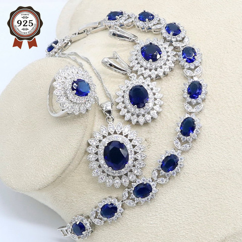 Conjuntos de joyería de circonia azul Natural para mujer, cristal blanco, Color plata, pendientes de fiesta/colgante/Collar/anillos/pulsera ► Foto 1/6