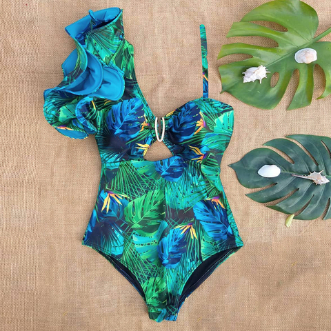 Bañador con volantes de un hombro para mujer, traje de baño Sexy con estampado Floral, Monokini para playa ► Foto 1/6