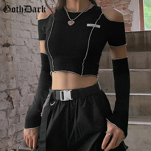 Gótico oscuro E-estilo de niña Patchwork negro camisetas Gothic hueco manga Y2k Tops volantes dobladillo ropa informal estilo Hip Hop mujer Camisetas ► Foto 1/6