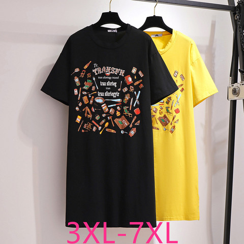 2022 nuevo verano de talla grande tops para las mujeres pantalón corto casual de algodón de manga de impresión O cuello Camiseta larga negro amarillo 4XL 5XL 6XL 7XL ► Foto 1/6