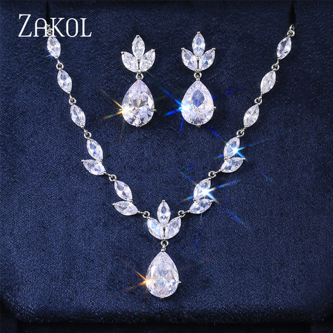 ZAKOL clásico gran pera piedra CZ collar/Collar de pendiente de la boda para las mujeres delicado alto circón de calidad dama fiesta caliente joyas ► Foto 1/6