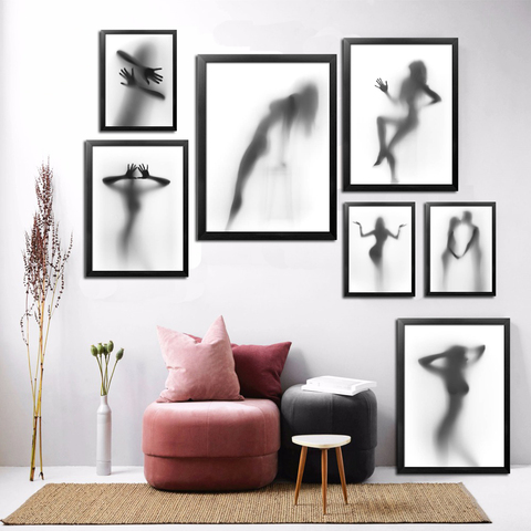 Póster de cuadros de sombras para mujer y hombre, lienzo nórdico Sexy, decoración del hogar en blanco y negro, impresiones abstractas, imágenes de pared de habitación ► Foto 1/6