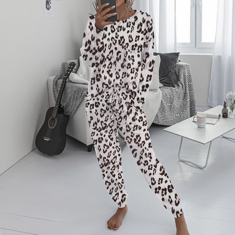 Conjunto de pijama con estampado de leopardo para mujer, ropa de dormir informal, pantalones largos, traje para casa, 2 piezas ► Foto 1/6