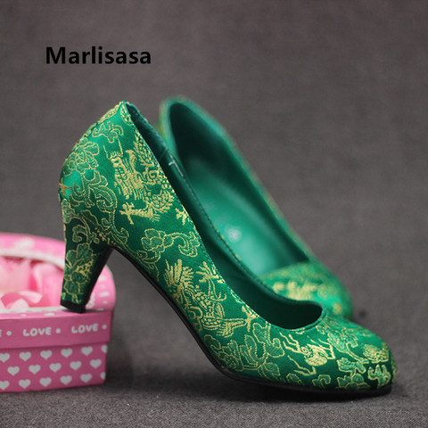 Marlisasa-zapatos de tacón alto con estampado Floral para mujer, calzado de tacón alto sin cordones, con diseño de flores verdes, informales, bordados, para boda, H5519 ► Foto 1/6