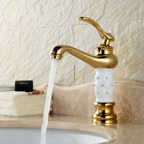 Grifo de latón dorado para lavabo de baño, con cuerpo de cristal de diamante, un solo mango de lujo, caliente y Grifo de Agua Fría ► Foto 1/6