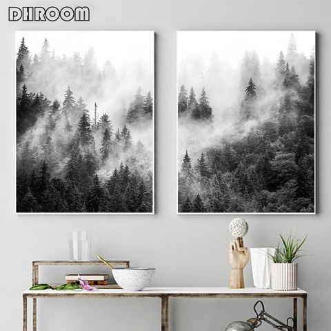 Impresiones naturales para pared de bosque, arte blanco y negro, carteles de árboles, niebla, paisaje de bosque, pintura en lienzo, imagen de pared, decoración para sala de estar ► Foto 1/6