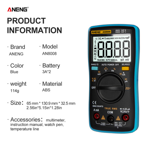 ANENG-multímetro Digital AN8008, amperímetro de voltaje AC DC, corriente Ohm automática/Manual, 9999 recuentos auténticos, RMS, onda cuadrada, retroiluminación ► Foto 1/6