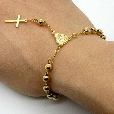 De acero inoxidable pulsera Rosario camiseta nueva calidad mujeres pulsera de cuentas con pendiente de cruz de Jesús católico religioso pulsera ► Foto 1/6