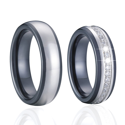 Hombres banda de boda anillos de cerámica Color negro plata anillos anel bague Cubic Zirconia pareja anillos de compromiso para las mujeres ► Foto 1/6