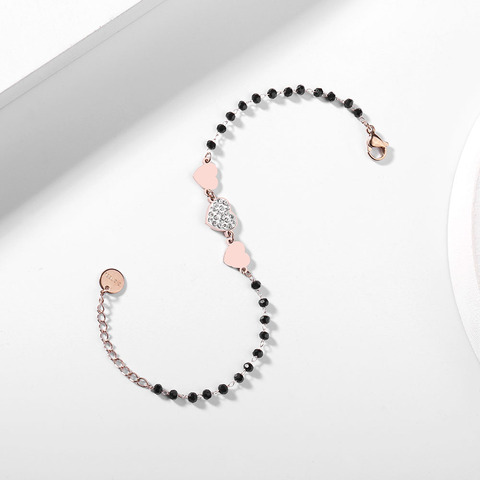 De acero inoxidable de oro rosa tres pulsera de abalorios de corazón negro cuentas de cristal pulsera de cadena para las mujeres 2022 joyas de acero Nuevos regalos ► Foto 1/6