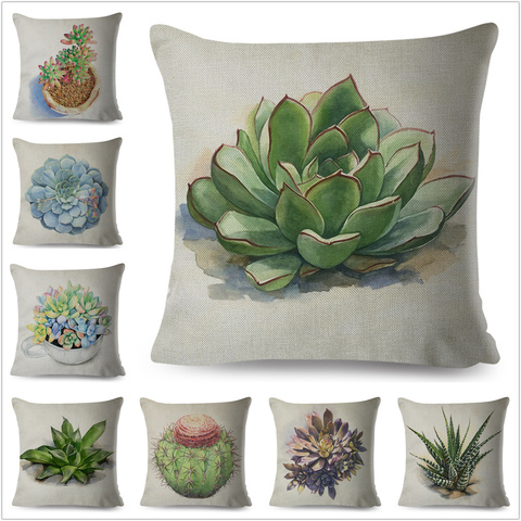 Estilo nórdico acuarela plantas suculentas funda de almohada Lino 45*45cm decoración dibujos animados funda de cojín de Cactus para coche sofá funda de almohada ► Foto 1/6