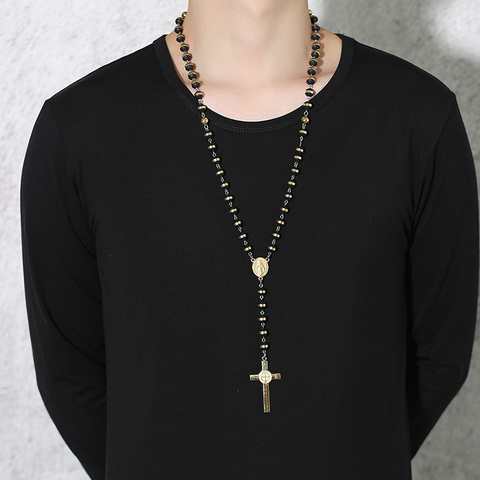 Collar de Rosario largo de Color negro/dorado para hombres y mujeres, cadena de cuentas de acero inoxidable, colgante cruzado para hombres y mujeres es regalo de la joyería ► Foto 1/6