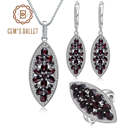 GEM'S BALLET-Conjunto de joyería de piedras preciosas y flores de Plata de Ley 925, anillo granate negro Natural, pendientes, conjuntos de colgantes para mujer, boda ► Foto 1/6