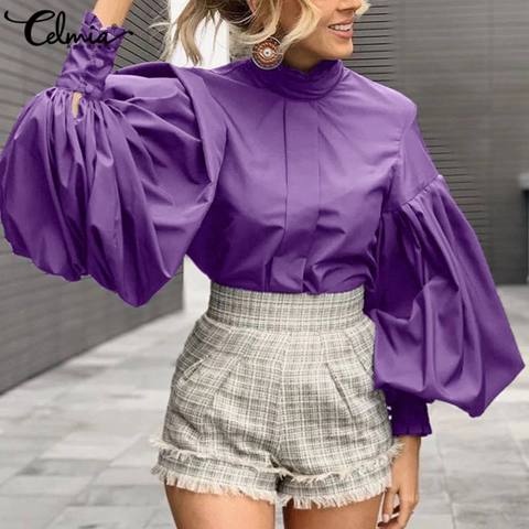 Celmia-Blusa informal de oficina con manga acampanada para mujer, Camisa lisa de estilo Vintage con cuello levantado, talla 5XL, 2022 ► Foto 1/6