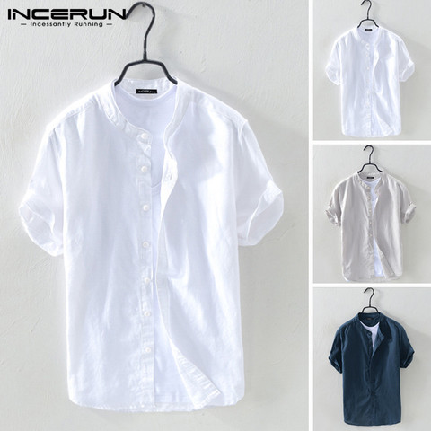 INCERUN-Camisa de algodón con cuello levantado para hombre, blusa lisa de manga corta, ropa de calle informal, transpirable, de marca, Harajuku ► Foto 1/6