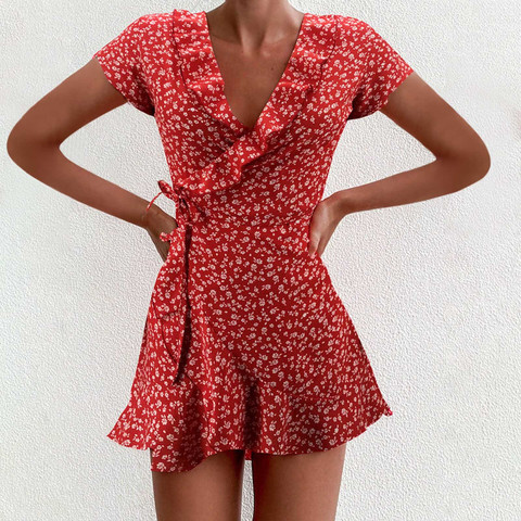 Vestido de gasa con volantes para mujer, vestidos Bandage de manga corta con estampado Floral y cuello en V, minivestido informal de playa Sukienka ► Foto 1/6