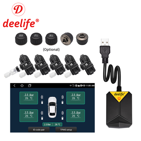 Deelife-Reproductor de DVD y radio de coche, sistema reproductor de multimedia con supervisión de presión de neumáticos, neumático de repuesto, sensor externo e interno, conexión USB TMPS para vehículo ► Foto 1/6