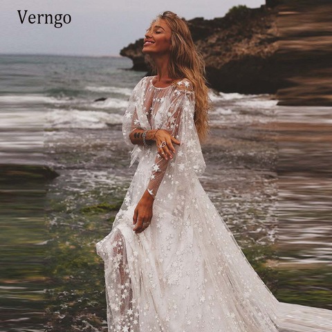 Verngo-vestido de boda bohemio de manga larga con cuentas brillantes, traje de novia Bohemia moderno con estrellas contadoras, para playa, 2022 ► Foto 1/6