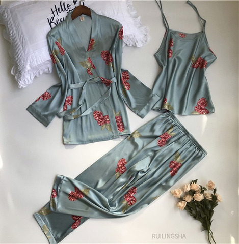 Conjunto de Pijama estilo Kimono con estampado de flores para mujer, ropa de dormir de satén de talla grande, Pijama de seda para el hogar, Pijama femenina de verano, 3 piezas ► Foto 1/1