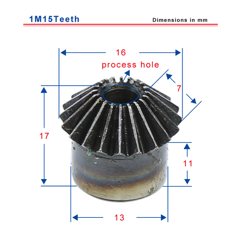 Engranaje cónico de 1 M15 dientes, diámetro exterior de 16mm de altura total, 17mm de orificio de proceso, engranaje de material de acero al carbono ► Foto 1/1