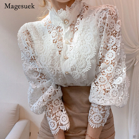 Blusa de retazos con manga de pétalo para mujer, camisa de encaje con flores ahuecada, combina con todo, con botones, color blanco, 12419 ► Foto 1/6
