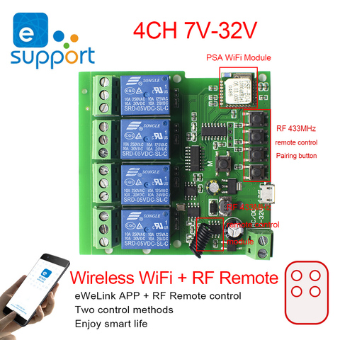 Módulo de relé Wifi de 4 canales para casa inteligente, interruptor de Control remoto inalámbrico, Jog, autobloqueo, APP de teléfono, CC de 7V-32V, CA de 220V, 12V y 24V ► Foto 1/6