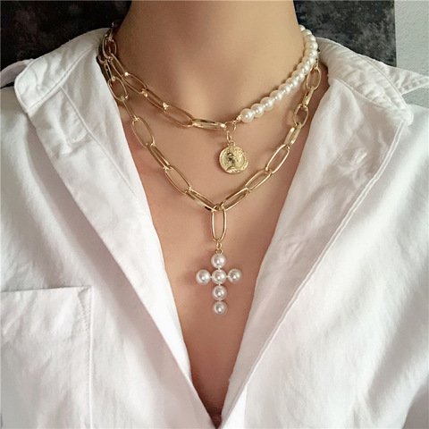 Collares con colgante de Cruz de perlas de imitación multicapa para mujer, Color dorado, diseño de lujo, cadena, regalo de joyería, 2022 ► Foto 1/6