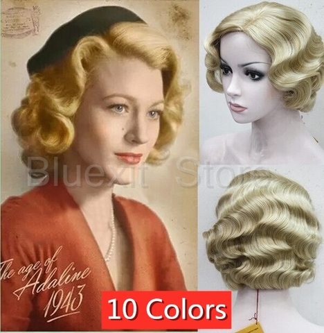 Peluca corta con rulos estilo victoriano para mujer, pelo ondulado con parte lateral, color dorado, Rubio, negro, marrón, Fiesta Temática adultos, 10 colores, 1920s ► Foto 1/6