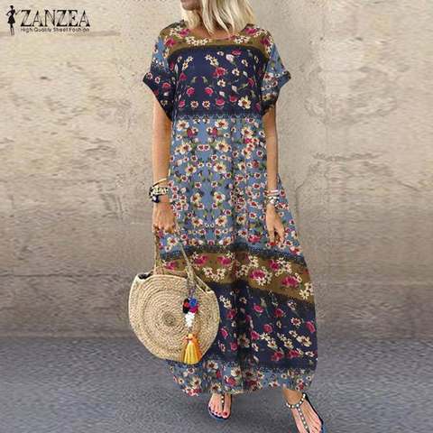 ZANZEA-maxivestido de verano para mujer, estilo bohemio, de verano 2022, estampado pantalón corto informal con manga corta, Vestido de lino Floral para mujer de gran tamaño ► Foto 1/6