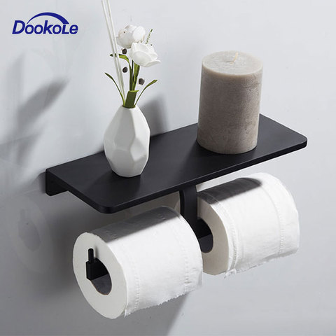 Doble soporte de papel higiénico soporte de rollo de pañuelos de baño con estante, portarrollos de pañuelos con teléfonos para almacenar toallitas Rack negro mate ► Foto 1/6