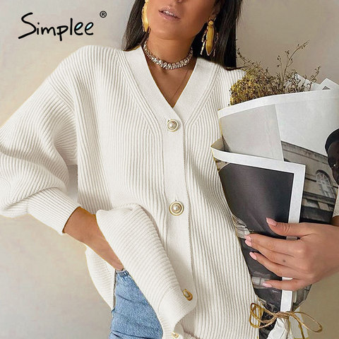 Simplee-cárdigan informal de punto con cuello en V para mujer, Chaqueta con botones y manga linterna de invierno, suéter de gran tamaño a la moda para mujer ► Foto 1/6