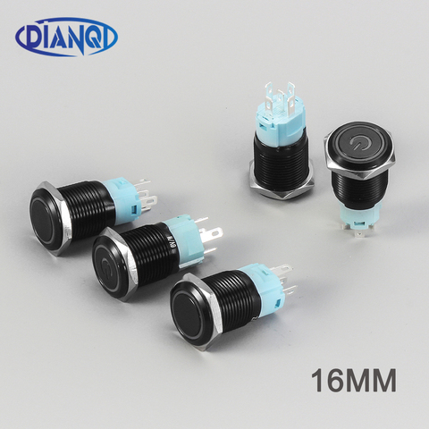 Botón de metal de 16mm, interruptor negro de óxido de aluminio resistente al agua con bloqueo momentáneo ligero, bloqueo automático de bloqueo de coche, reinicio 16HX.BK ► Foto 1/6