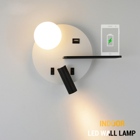 Luz LED de pared con interruptor para dormitorio, iluminación interior, lámpara de pared para cabecera con USB, candelabro de bola de cristal para lectura ► Foto 1/6