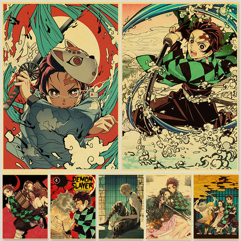 Póster de Demon Slayer: Kimetsu no Yaiba Tanjirou Nezuko, Papel Kraft Vintage, decoración de hogar para habitaciones, pegatinas de pared ► Foto 1/6