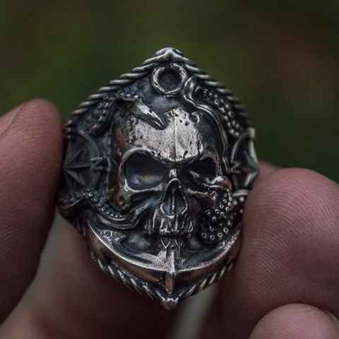 Anillo gótico de calavera pirata para hombre, sortija de adsorción con ancla de pulpo único, anillo con brújula, acero inoxidable, Punk, anillo de motorista calavera ► Foto 1/6