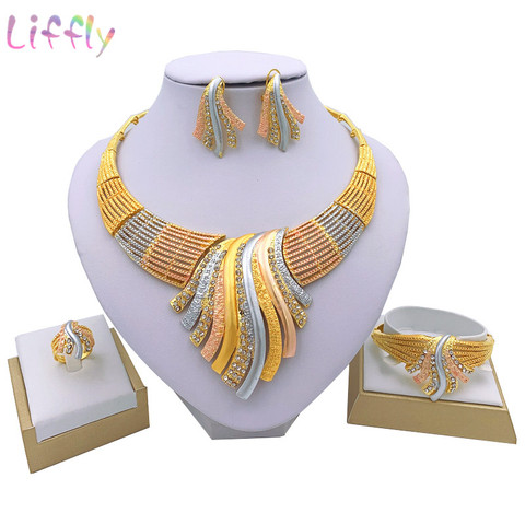 Liffly nuevos conjuntos de joyería India Multicolor Boda nupcial gran cristal Dubai oro juegos de joyas para mujer collar pendientes ► Foto 1/6