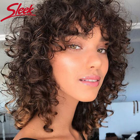 Elegante rizo pelucas de cabello humano para las mujeres Bob corto peluca con flequillo corte Pixie peluca Jerry Curl pelucas Ombre color rizo corto pelucas ► Foto 1/6